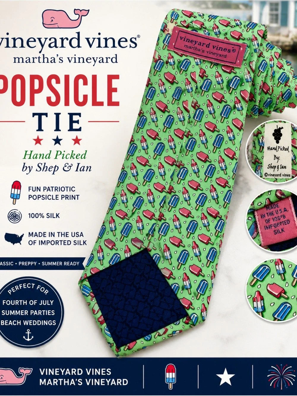 Vineyard Vines Patriotic Green Tie with Pink and Blue Popsicle Print Novelty Tie - Picture 1 of 7